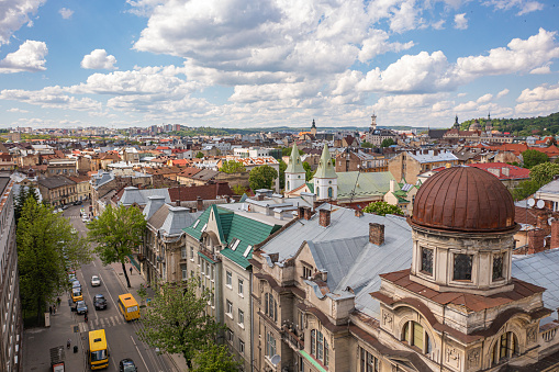 Lviv, Ukraine - May, 2021:Panoramic aerial view on Lviv from drone