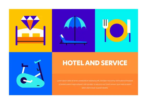 Vector illustration of Hotel And Service Related Vector Banner Design Concept. Global Multi-Sphere Ready-to-Use Template. Web Banner, Website Header, Magazine, Mobile Application etc. Modern Design.