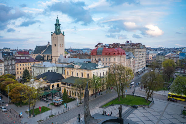 istock Panoramic aerial view on Lviv from drone 1904334475