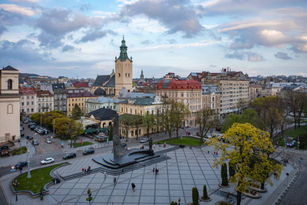 istock Panoramic aerial view on Lviv from drone 1904334476