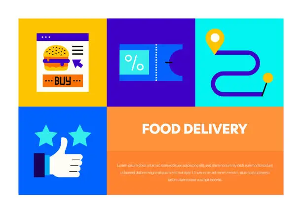 Vector illustration of Food Delivery Related Vector Banner Design Concept. Global Multi-Sphere Ready-to-Use Template. Web Banner, Website Header, Magazine, Mobile Application etc. Modern Design.