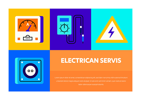 Electrician Services Related Vector Banner Design Concept. Global Multi-Sphere Ready-to-Use Template. Web Banner, Website Header, Magazine, Mobile Application etc. Modern Design.