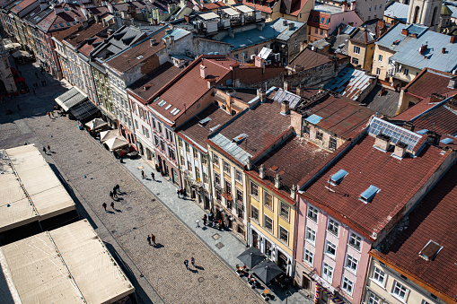 Lviv, Ukraine - April? 2021: Aerial view on Market square in Lviv, Ukraine from drone