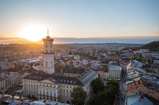 Lviv, Ukraine - April , 2021: View on Lviv city hall from drone