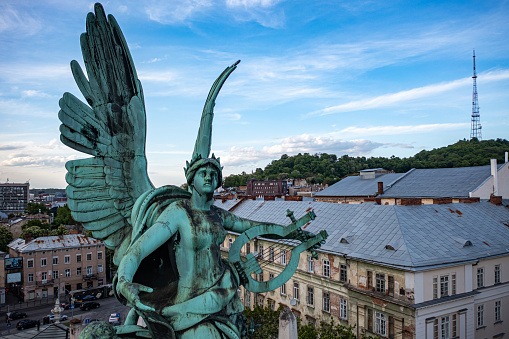 Lviv, Ukraine  - May , 2021:  Lviv opera house statue from drone