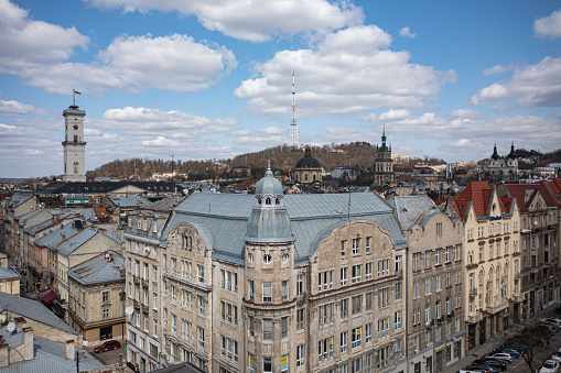 Lviv, Ukraine - May, 2021:Panoramic aerial view on Lviv from drone