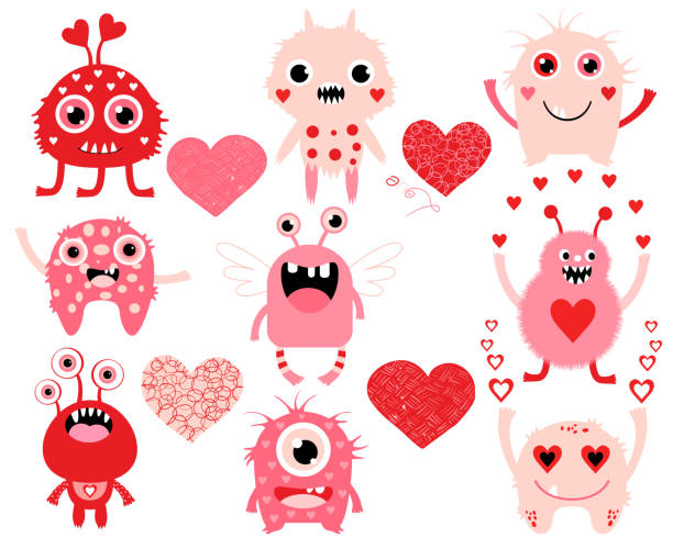 ilustraciones, imágenes clip art, dibujos animados e iconos de stock de conjunto de amor vectorial de lindas criaturas monstruosas del día de san valentín y corazones en colores rosa y rojo para tarjetas de felicitación e invitaciones - monster alien love animal