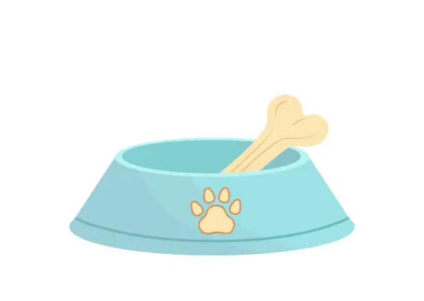 Vector illustration of Dog bowl with bone. Blue dog bowl with pic of paw print. Cartoon, flat, vector