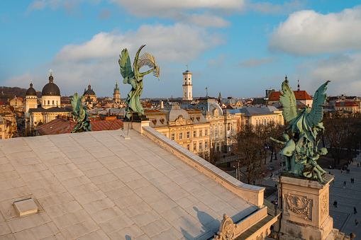 Lviv, Ukraine  - May , 2021:  Lviv opera house statue from drone