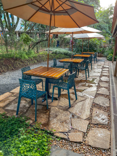 istock Outdoor tables and chairs on sidewalk 1904370690