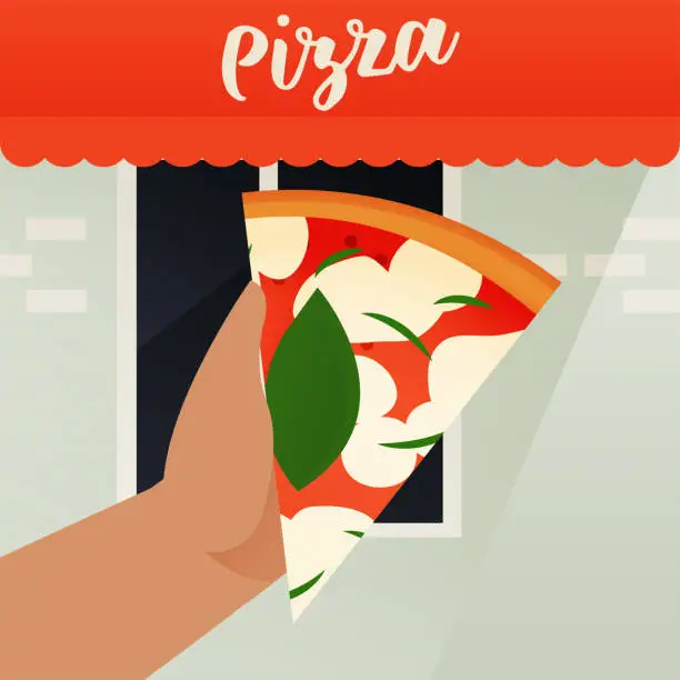 Vector illustration of Modern Flat Vector Concept Illustrations. Social Media Post. Hand Hold Delicious Margherita Pizza 
Against the Backdrop of a Pizzeria. Poster Concept. Web Banner.