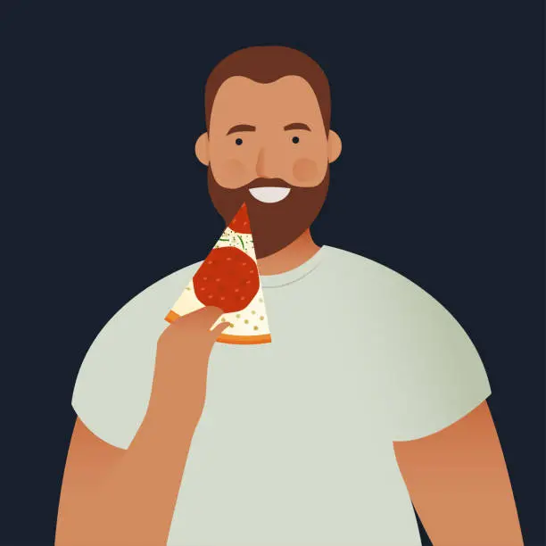 Vector illustration of Modern Flat Vector Concept Illustrations. Social Media Post with Happy Young Male Take a Picture with Slice of Pizza on a Dark Background. Poster Concept. Web Banner.