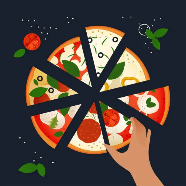 Vector illustration of Modern Flat Vector Concept Illustrations. Social Media Ads. Hand Reaching for a Piece of Pizza on a Beautiful Background. Website Template.