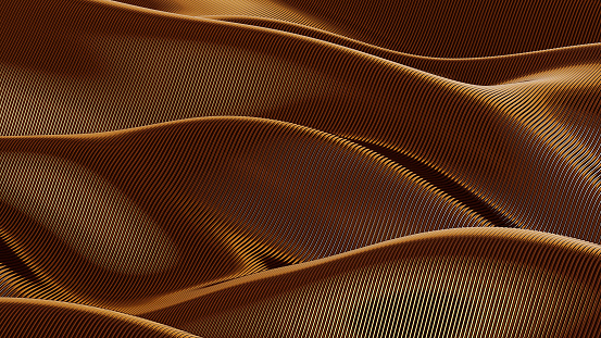 surfaceof long copper tubes, wires bent by waves floating in space, abstract background, conceptual modern design art