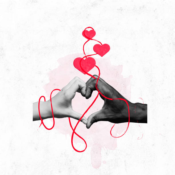 istock Poster. Contemporary art collage. Two hands in black and white filter make heart drawn lines wrap around them and get red hearts. 1904388992