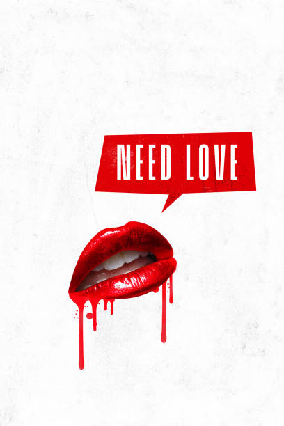 istock Poster. Contemporary art collage. Women's plump lips in red lipstick from which red paint flows whisper, speech bubbles that they need love. 1904388995