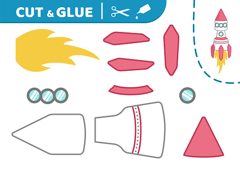 Paper Rockets Pink Pink Rocket With Fire Cut And Glue Rocket Applique Paper Game Vector ...