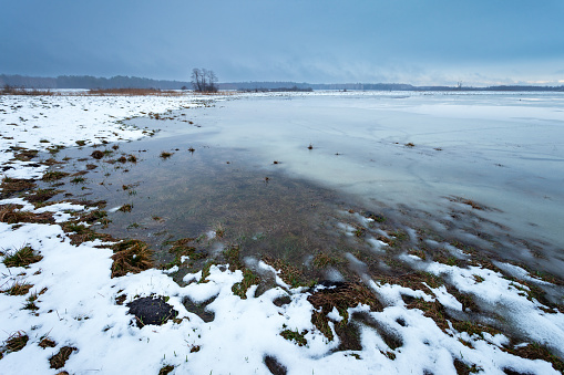 Wide-angle view of the frozen Outer Alster in Hamburg Germany