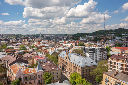 Lviv, Ukraine - May, 2021:Panoramic aerial view on Lviv from drone