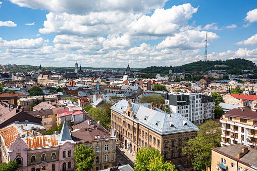 Lviv, Ukraine - May, 2021:Panoramic aerial view on Lviv from drone