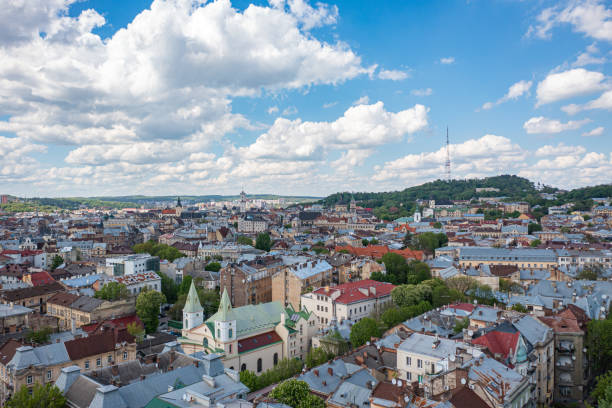 istock Panoramic aerial view on Lviv from drone 1904415752