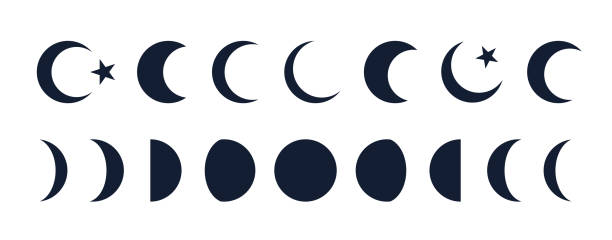 Moon crescent set Moon crescent set. Half moon, crescent with star. Half moon symbol, graphic elements, light star shapes graphic, phase moon mystic crescent icon collection. Vector Illustration eclipse icon stock illustrations