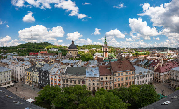 istock Panoramic aerial view on Lviv from drone 1904422575