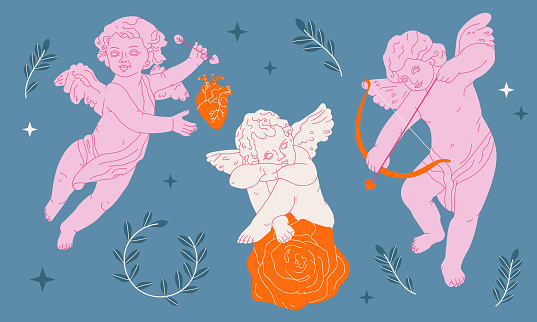 Various flying angels with abstract heart, arrows and bow,rose collection.Pink cupids or cherubs, wreath,hearts.Template for card, poster, banner, print for t-shirt, pin, badge, patch.