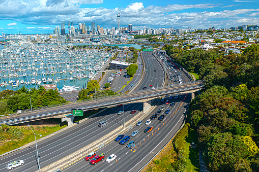 The motorway before Auckland harbour bridge gets heavy northbound traffic due to the lane closures on the bridge