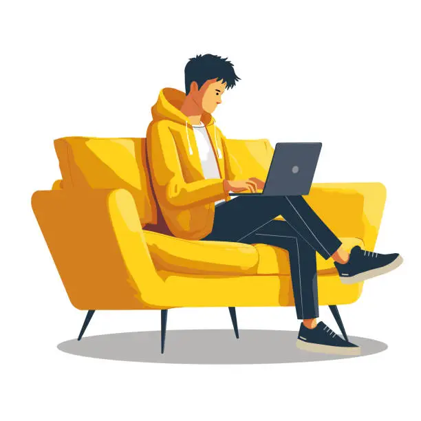 Vector illustration of A man is working at a computer sitting in an armchair, on a white background, flat minimalistic illustration, user interface illustration, simple icon, white background.