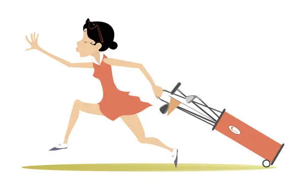 Vector illustration of Young woman running to play golf