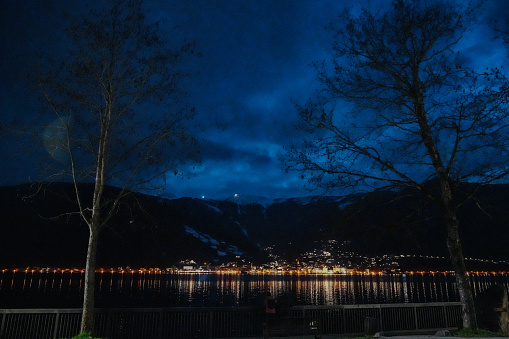 night view of lake with town