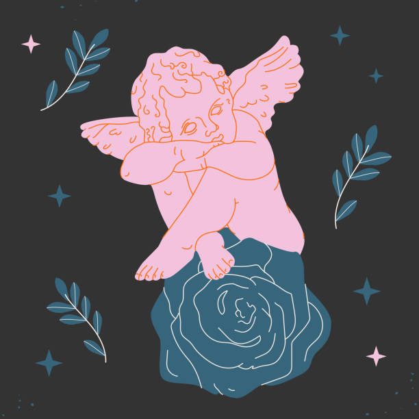 Angel child with wings. Cherub or Cupid.Antique pink angel sitting on the rose.Baby angel statue resting. Valentine's Day, romantic holiday concept. Logo, card, print template Angel child with wings. Cherub or Cupid.Antique pink angel sitting on the rose.Baby angel statue resting. Valentine's Day, romantic holiday concept. Logo, card, print template winged cherub stock illustrations