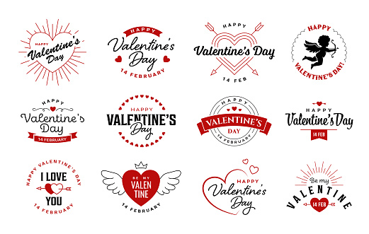 Valentine's Day emblems, logos and labels set. 14 February greeting card or banner design. Love and romance symbols collection.