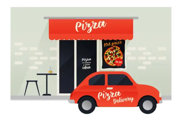 Vector illustration of Modern Flat Vector Concept Illustrations. Branding Red Car Delivery at Front of Pizza Restaurant. Italian Style. Hot Price Poster.