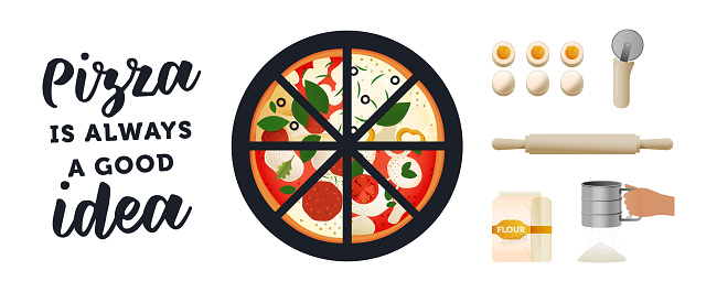 Pizza Various Slices, Funny Quote, Flour Package, Sieve, Delicious Ingredients, Roller, Roller Pin, Eggs.
