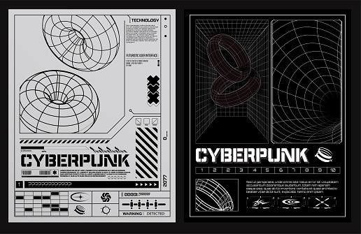 Modern posters technology in the style of Techno, Rave, Electronic music. Rave posters, Graphic design mockup. Geometry wireframe grid and tunnel circle retro cyberpunk style. Vector illustration