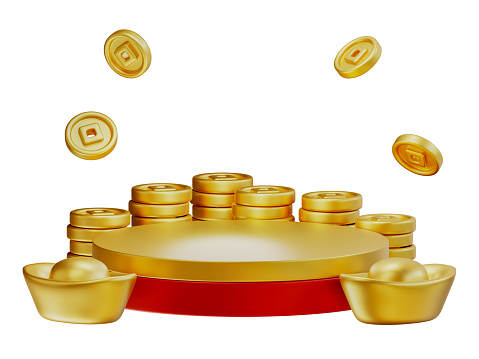 Happy chinese new year wealth and prosperity with podium, chinese money and golden coins. 3D Elements asian festival for banner, poster, flyers, greeting card. 3d rendering
