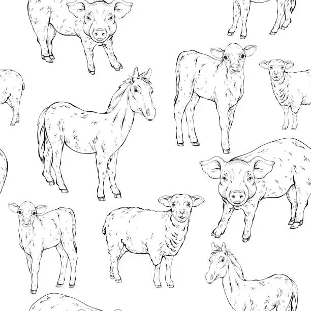 Vector illustration of Cute farm animals horse, sheep, pig, calf with chewing gum. Illustration of funny animals. Black and white