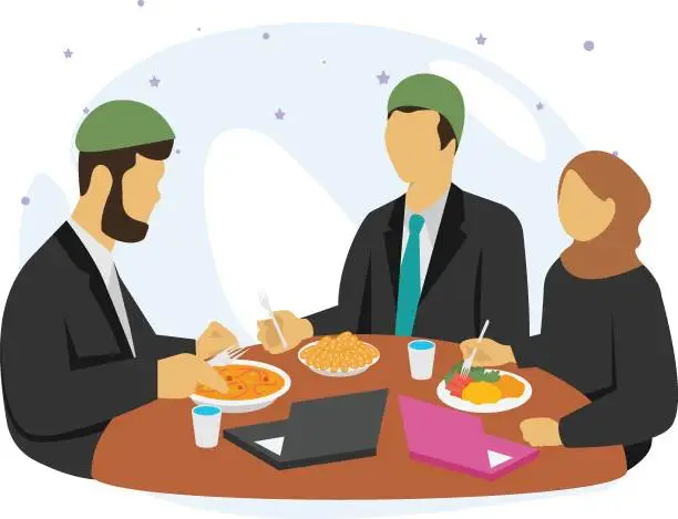 Vector illustration of Sharing the iftar meal with colleagues at the office concept, harmony during Ramadan vector design, Ramadan and Eid al-Fitr Symbol, Islamic and fasting Sign, Arabic holidays celebration illustration