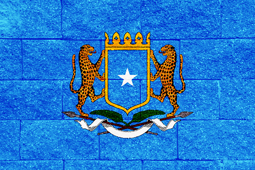 Flag and coat of arms of Federal Republic of Somalia on a textured background. Concept collage.
