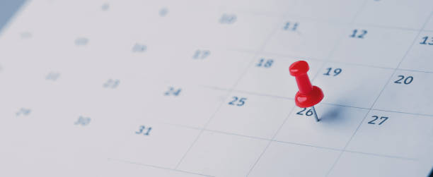 istock Embroidered red pins on a calendar event Planner calendar,clock to set timetable organize schedule,planning for business meeting or travel planning concept. 1904637290