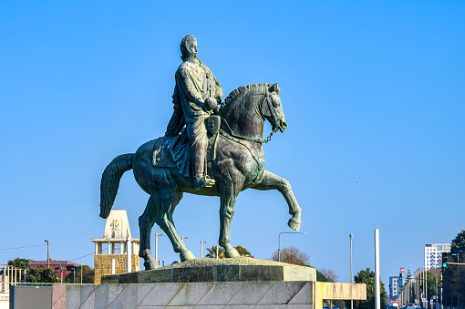 Porto, Portugal - Feb. 16, 2023: Ancient equestrian statue of Dom Joao VI