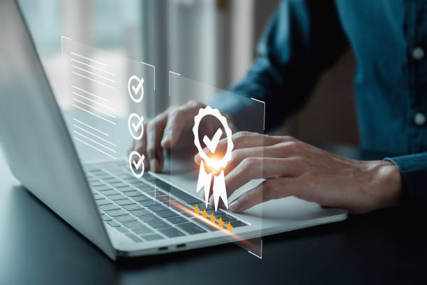 the company's product quality certificate is compliant, the check mark symbol represents the standard quality control. certification and standardization process, iso certified business, conformity to international standards and quality assurance concept. - certificate zdjęcia i obrazy z banku zdjęć