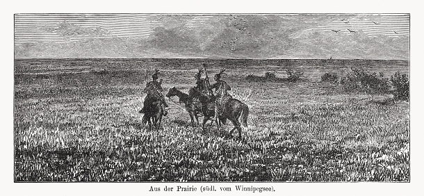 Native Americans south of Lake Winnipeg, Manitoba, Canada. Nostalgic scene from the past. Wood engraving, published in 1894.