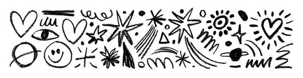 Vector illustration of Collection charcoal doodle elements like stars, planets, hearts, crescent moon and smile. Hand drawn pencil squiggles.