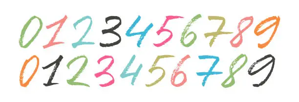 Vector illustration of Hand drawn colorful charcoal numbers collection. Dirty textured vector digits.