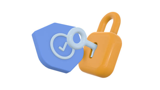 Cyber security internet concept. 3D Lock with Key and Protection shield. Networking Safety connect. Shield shape with padlock. Safety and privacy your data. Cartoon realistic icon isolated. 3D Render concepto de internet de seguridad cibernética. cerradura 3d con llave y escudo de protección. conexión de seguridad en red. forma de escudo con candado. seguridad y privacidad de sus datos. icono realista de dibujos animados aislado. renderizado 3d