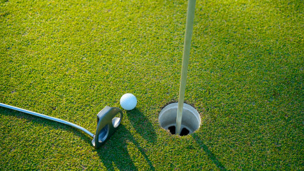 istock white golf ball in hole on green grass good for background with sunlight. 1904675331