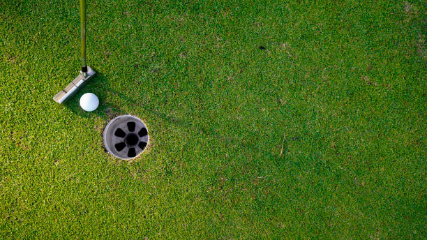 istock white golf ball in hole on green grass good for background with sunlight. 1904675837